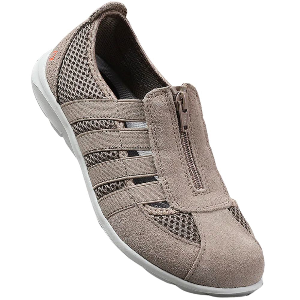 Taupe sneaker with a zipper on a white background