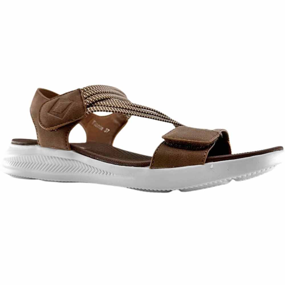 A dark brown leather and woven elastic strap sandal with a thick white sole, shown in a side profile view against a white background.