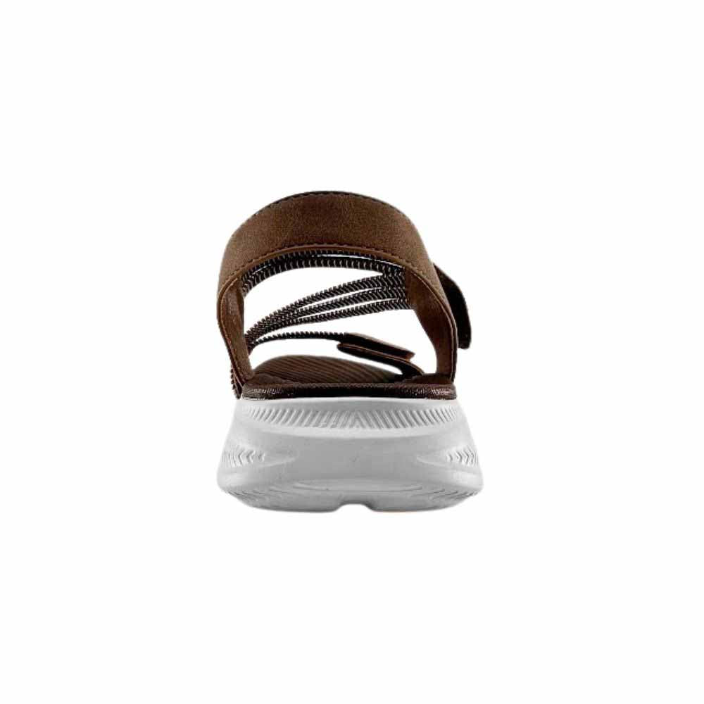 A single brown leather sandal with woven elastic straps and a thick white sole, shown from a rear view against a plain white background.