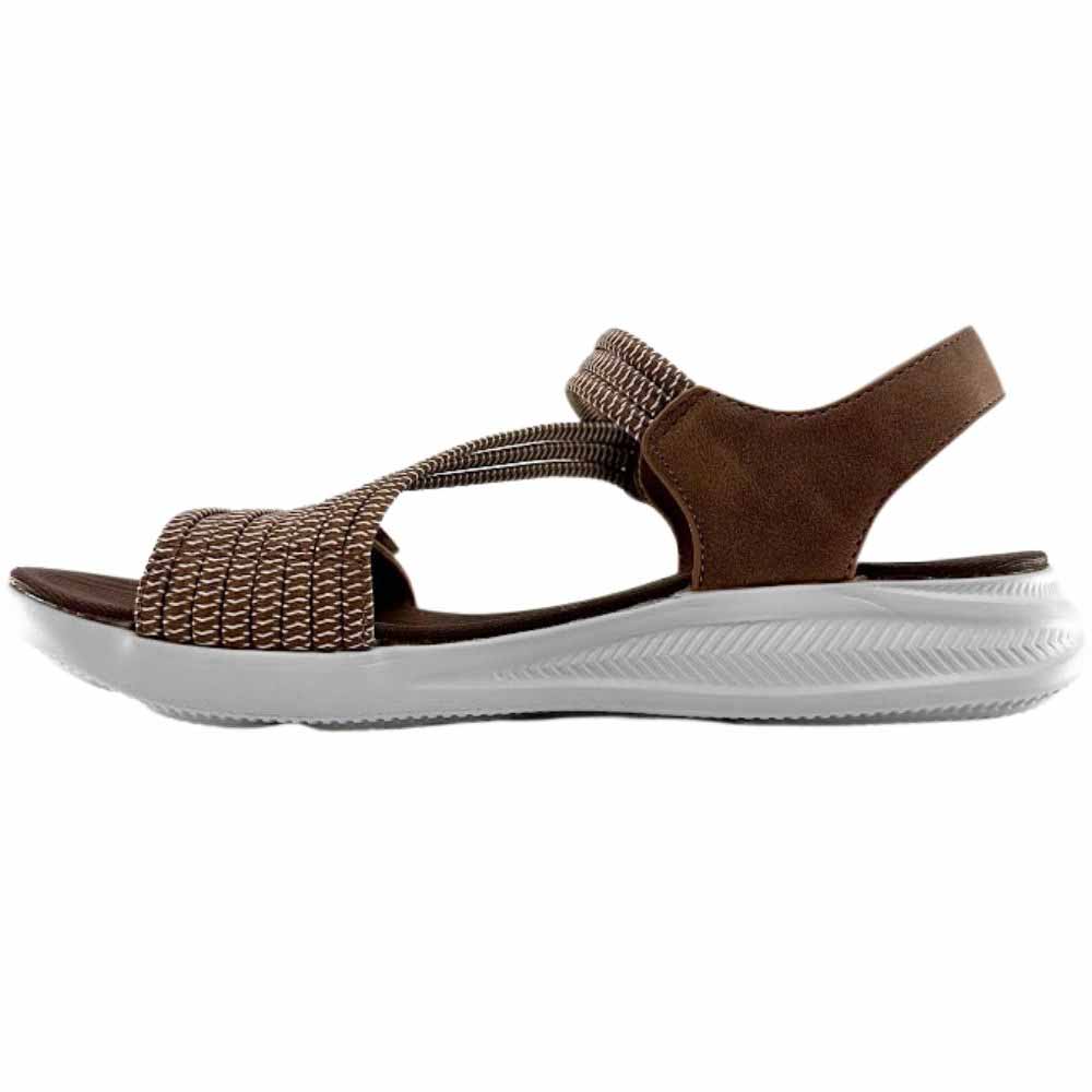 A dark brown leather and woven elastic strap sandal with a thick white sole, shown in a side profile view against a white background.