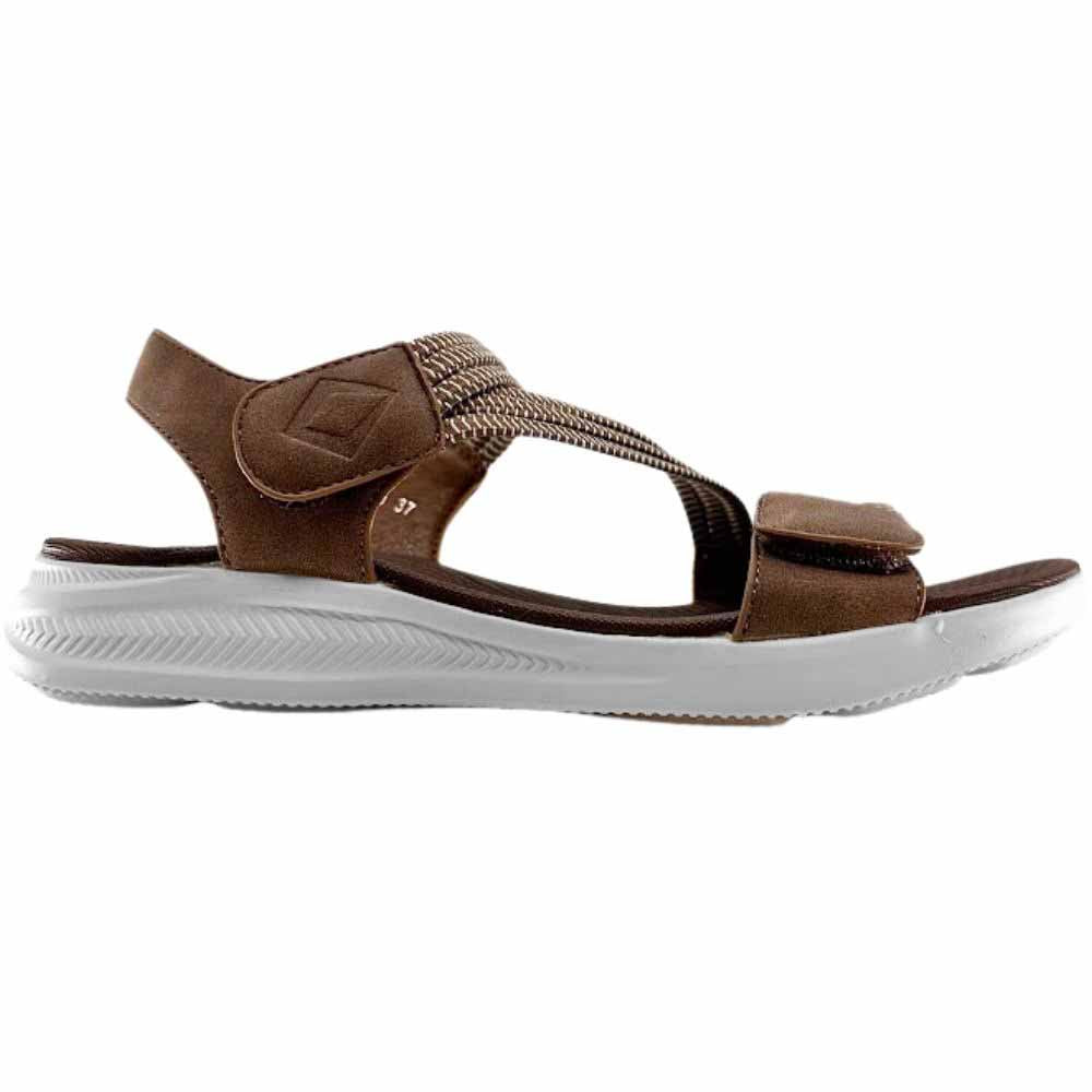 A dark brown leather and woven elastic strap sandal with a thick white sole, shown in a side profile view against a white background.