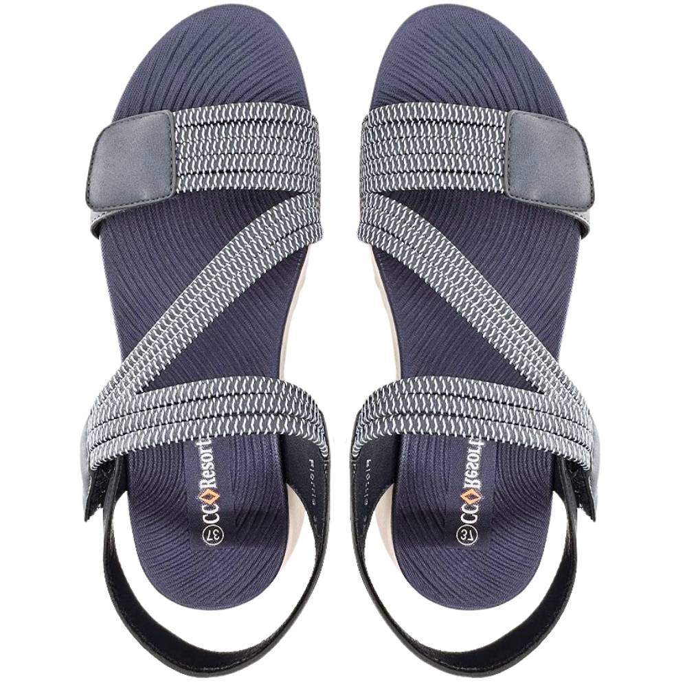 A pair of women's sandals by CC Resorts, featuring a navy blue ribbed footbed and navy and white elastic straps, shown against a plain white background.