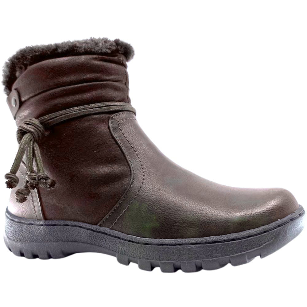 Brown winter boot with fur lining on a white background
