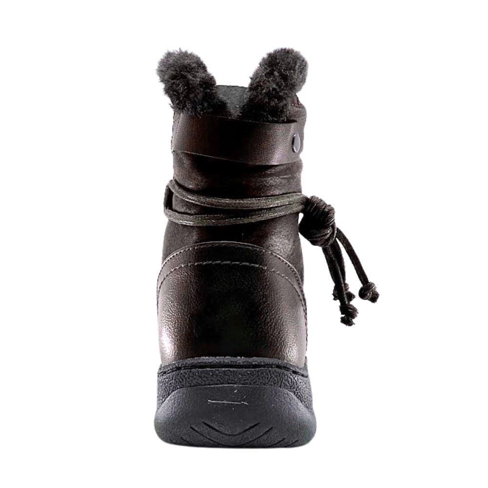 Brown winter boot with fur trim on a white background