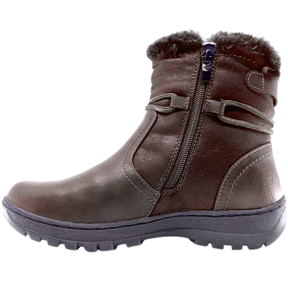Brown winter boot with fur lining and a zipper on a white background