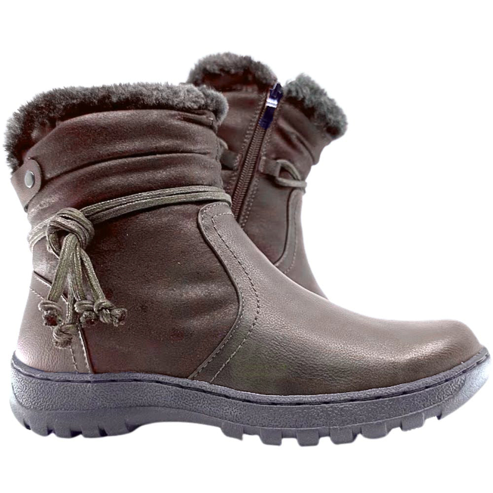Pair of brown winter boots with fur lining on a white background