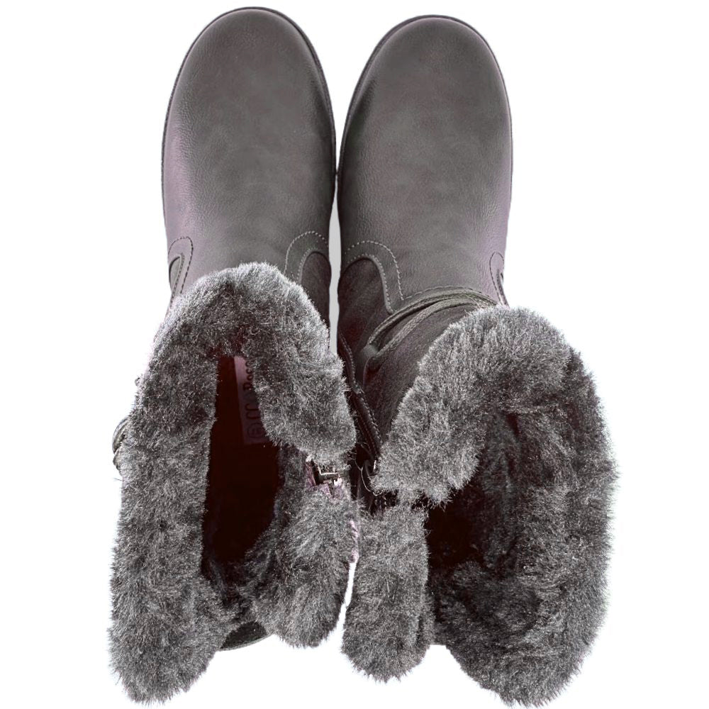 Pair of brown boots with faux fur trim on a white background