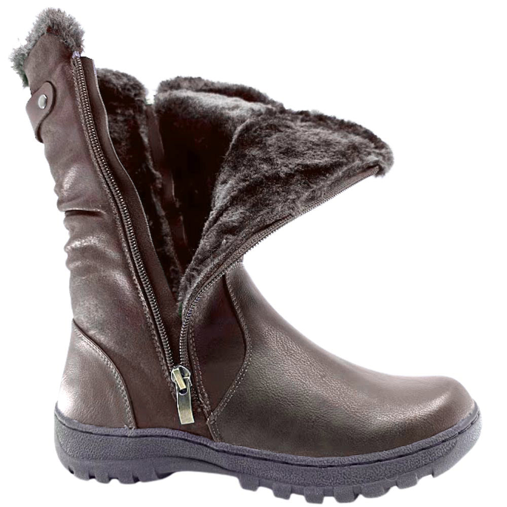 Brown winter boot with fur lining on a white background