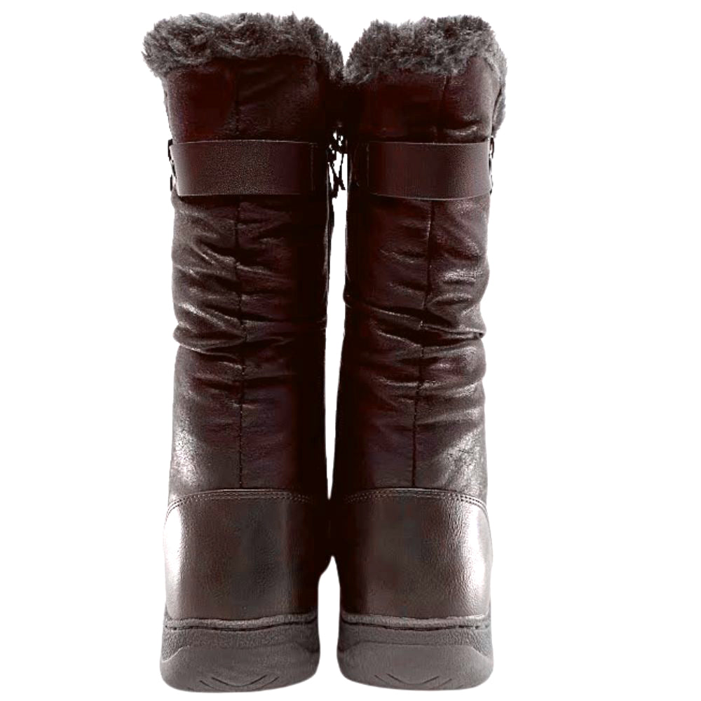 Pair of brown winter boots with fur trim on a white background