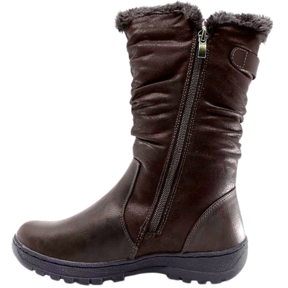 Brown winter boot with fur lining and zipper on a white background