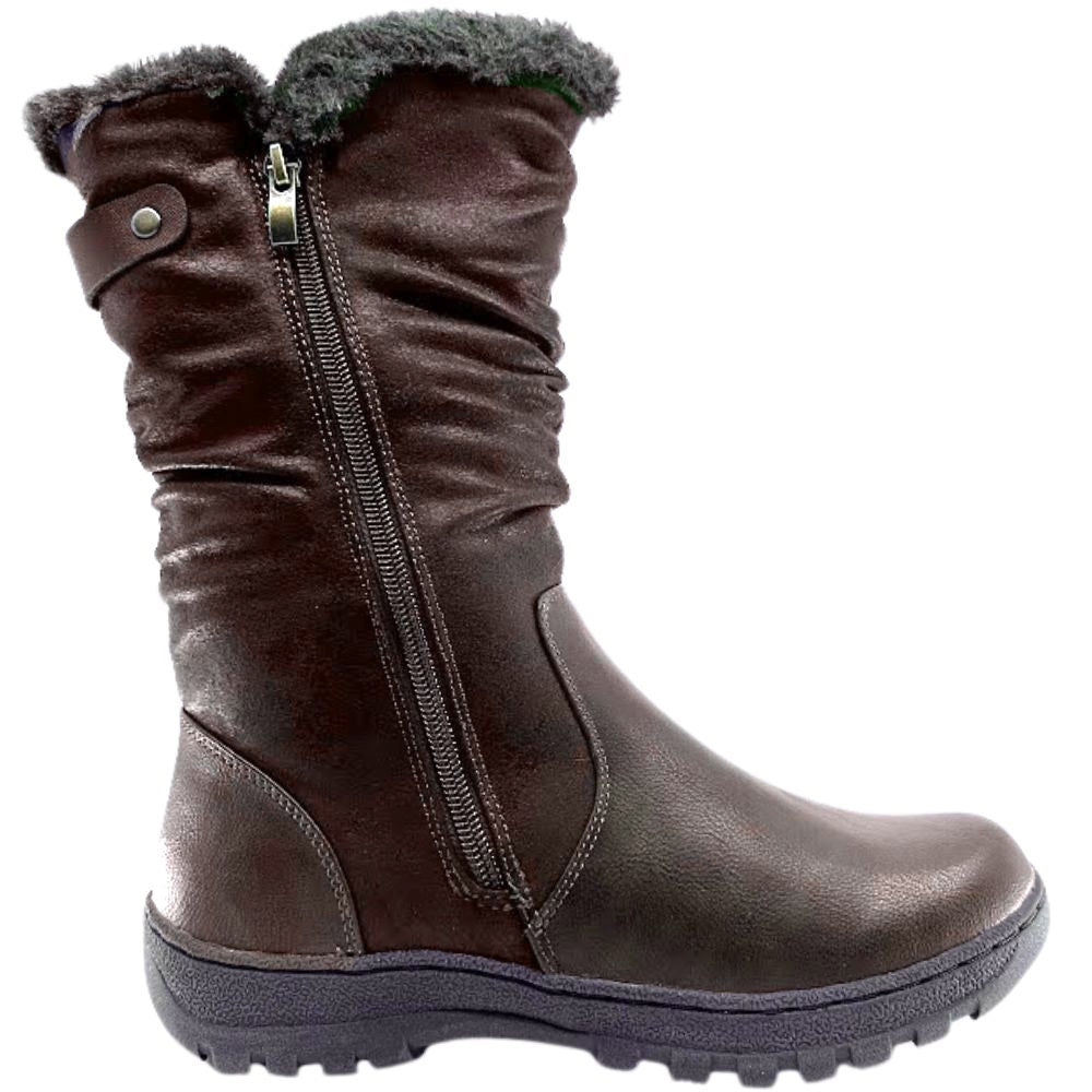 Brown winter boot with fur lining on a white background