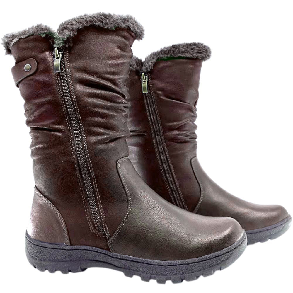 Pair of brown winter boots with fur lining on a white background