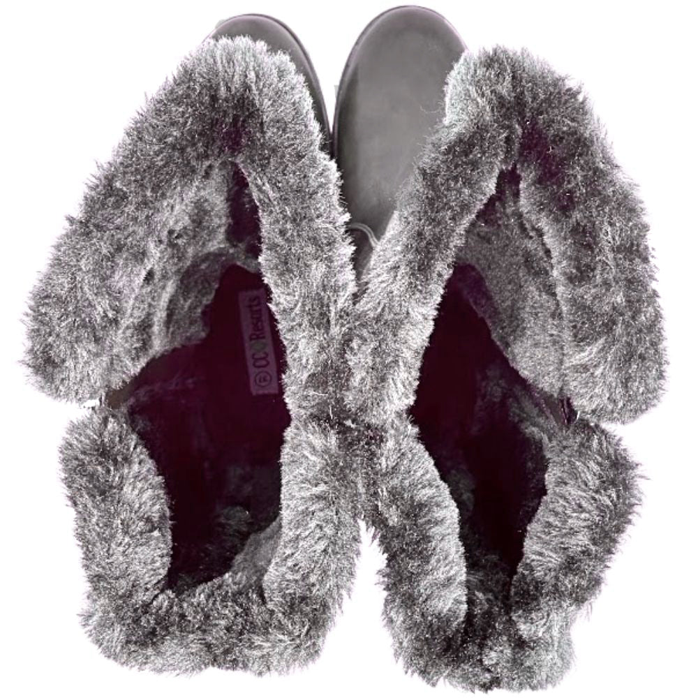 Top view of brown boots with faux fur lining on a white background