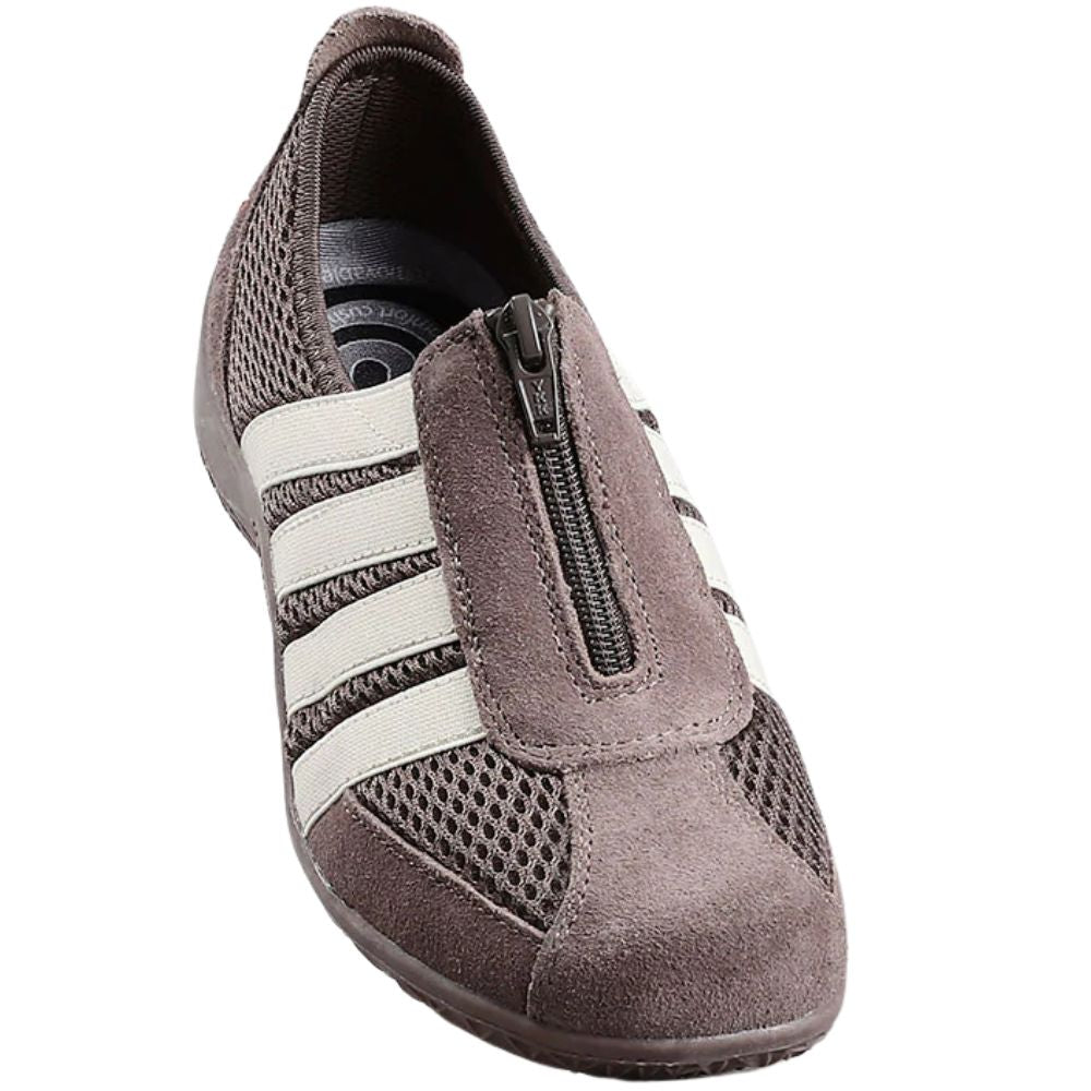Brown slip-on shoe with cream stripes and a zipper on a white background