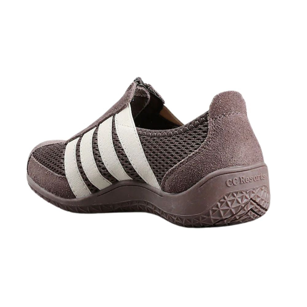 Brown slip-on shoe with cream stripes on a white background