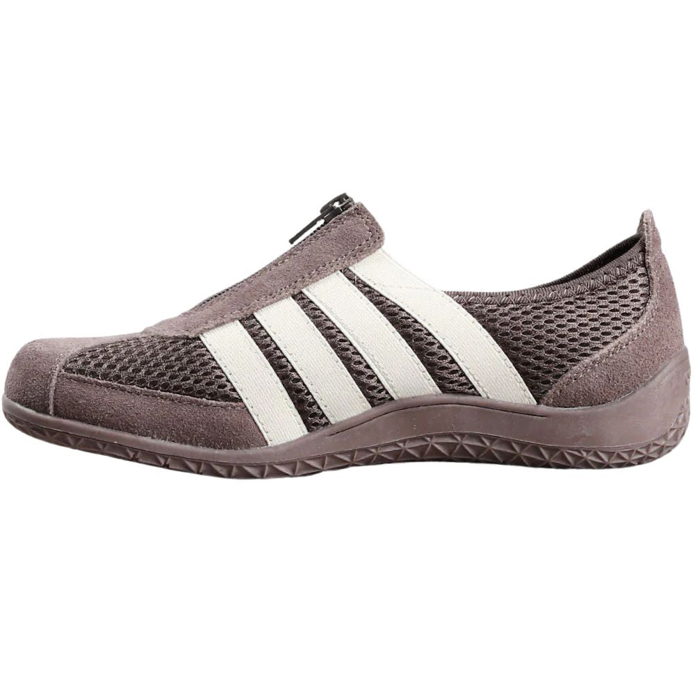 Brown slip-on shoe with cream stripes on a white background