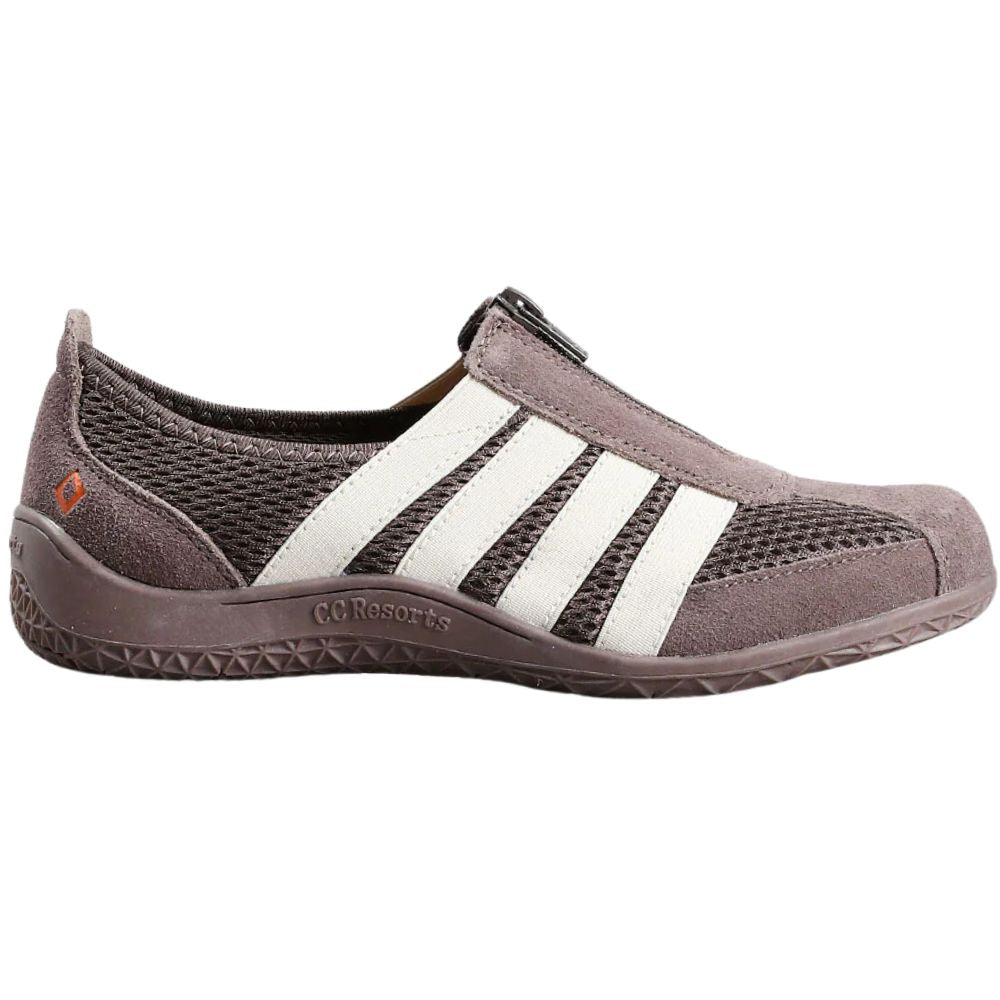 Brown casual shoe with cream stripes on a white background