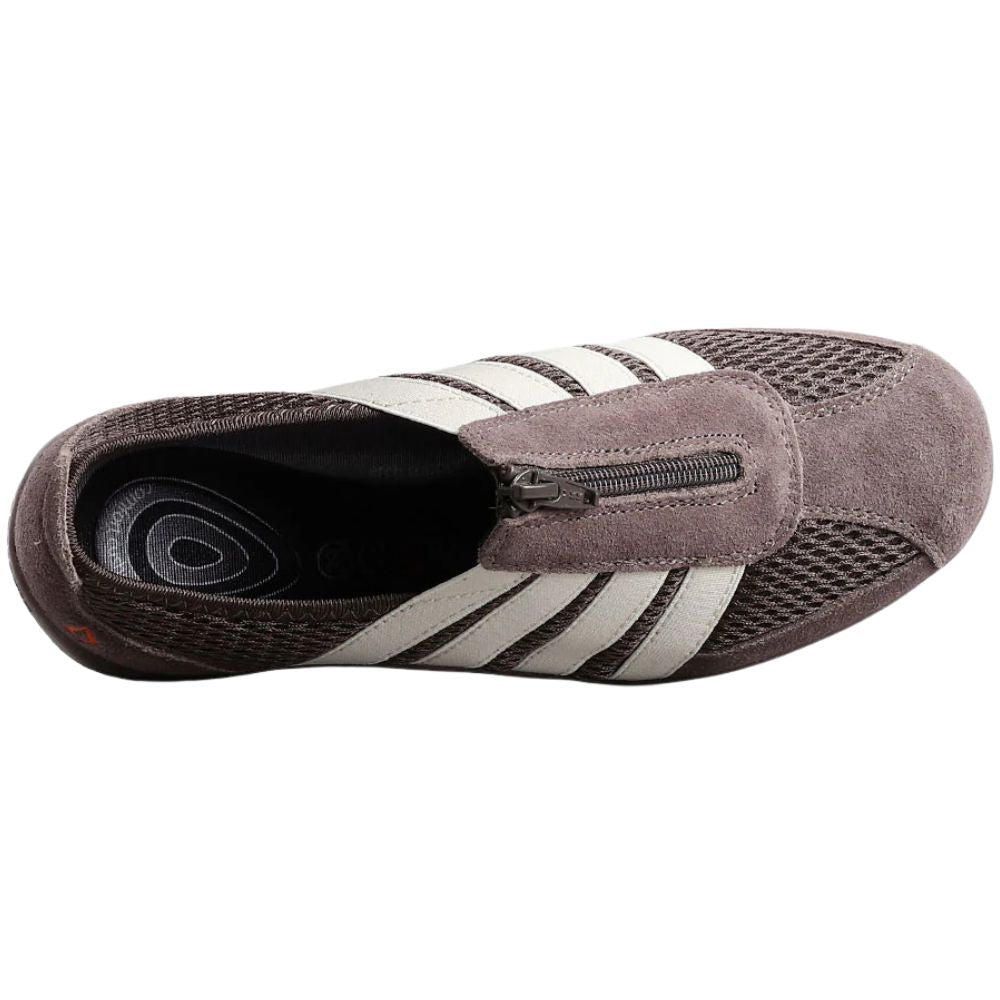 Brown slip-on shoe with cream stripes on a white background