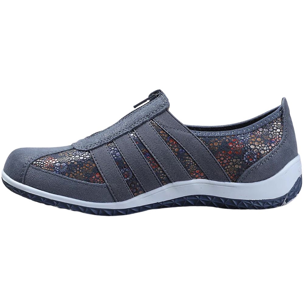 Blue slip-on shoe with floral pattern on a white background