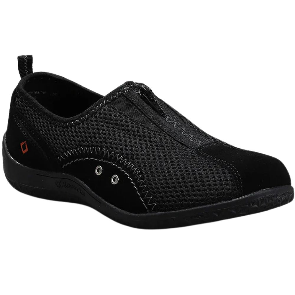 Black slip-on shoe on a white background