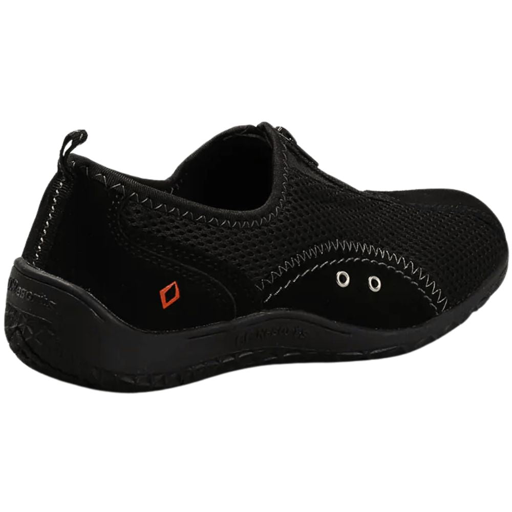 Black slip-on shoe with a small orange logo on a white background