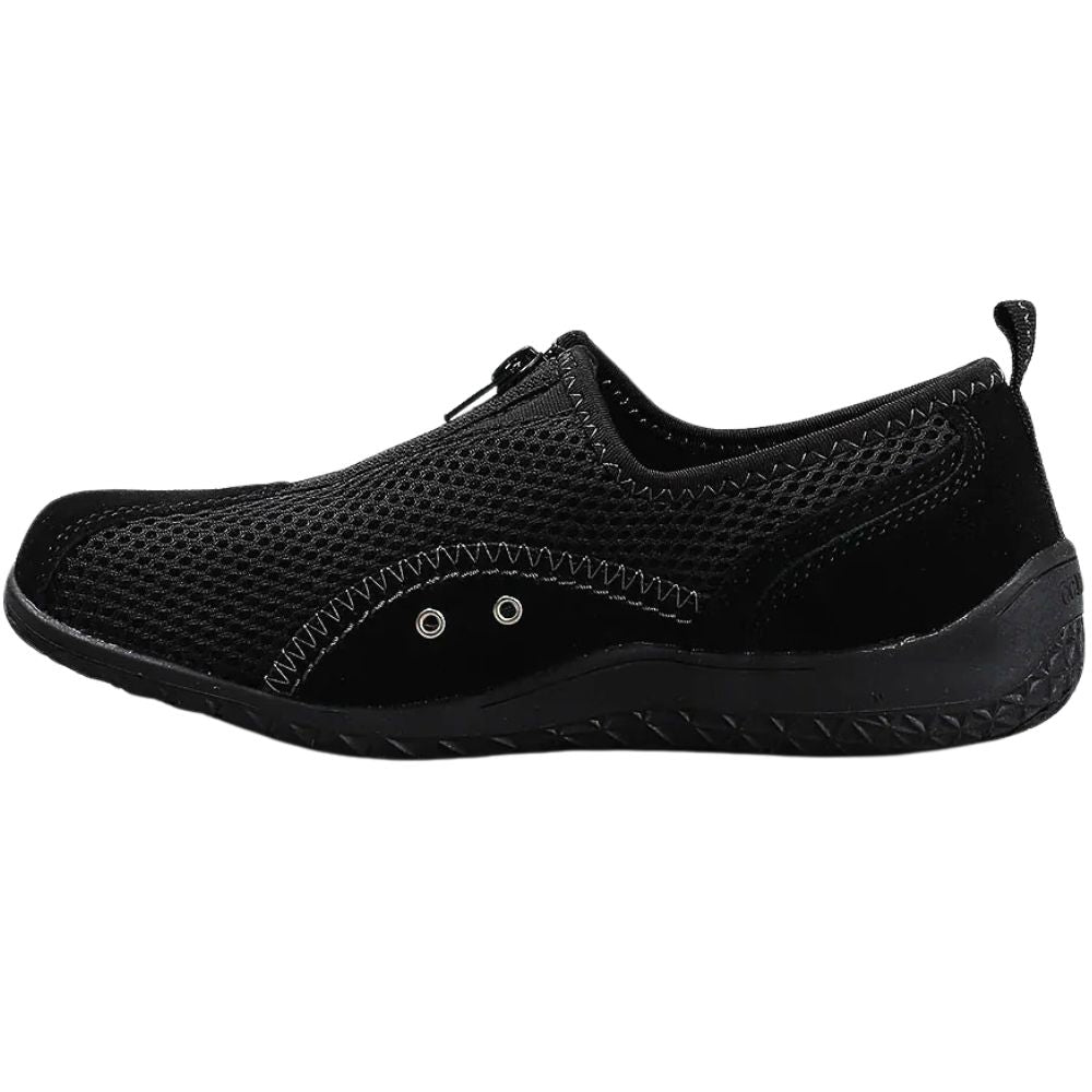 Black slip-on shoe with mesh design on a white background