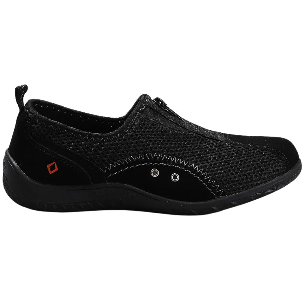 Black slip-on shoe with mesh design on a white background