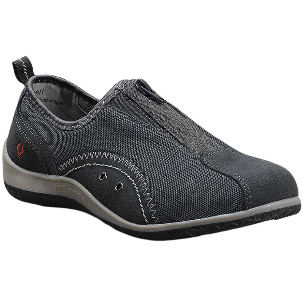 Charcoal slip-on shoe with light grey sole on a white background