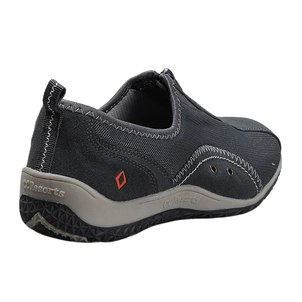 Charcoal slip-on shoe with light grey sole on a white background