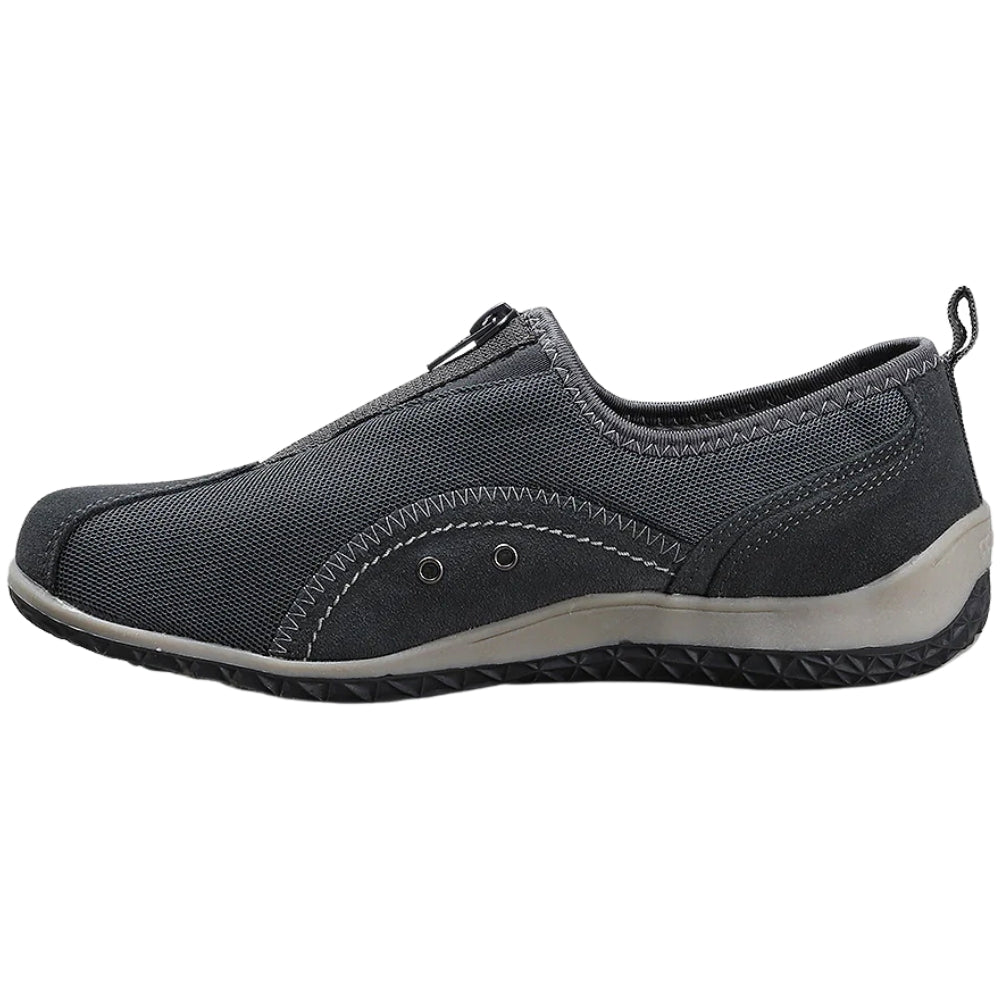 Charcoal slip-on shoe with light grey sole on a white background