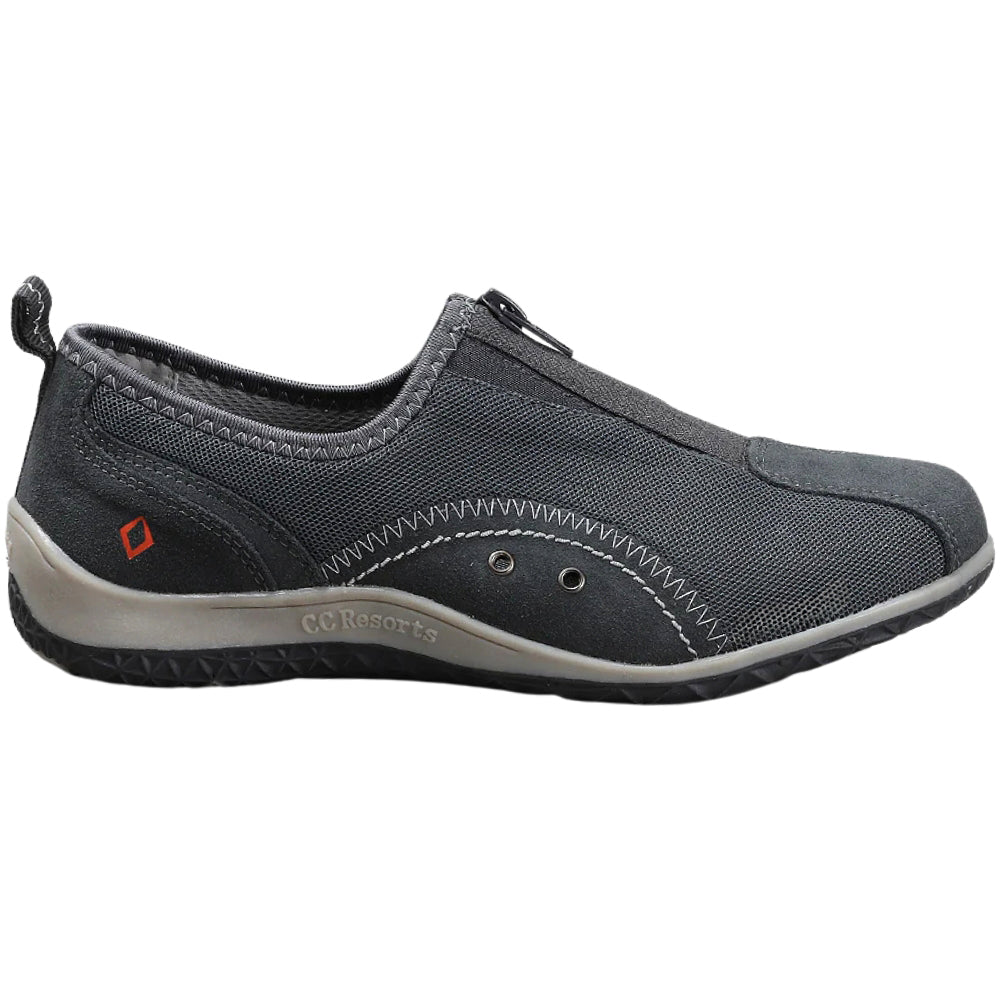 Charcoal slip-on shoe with light grey sole on a white background