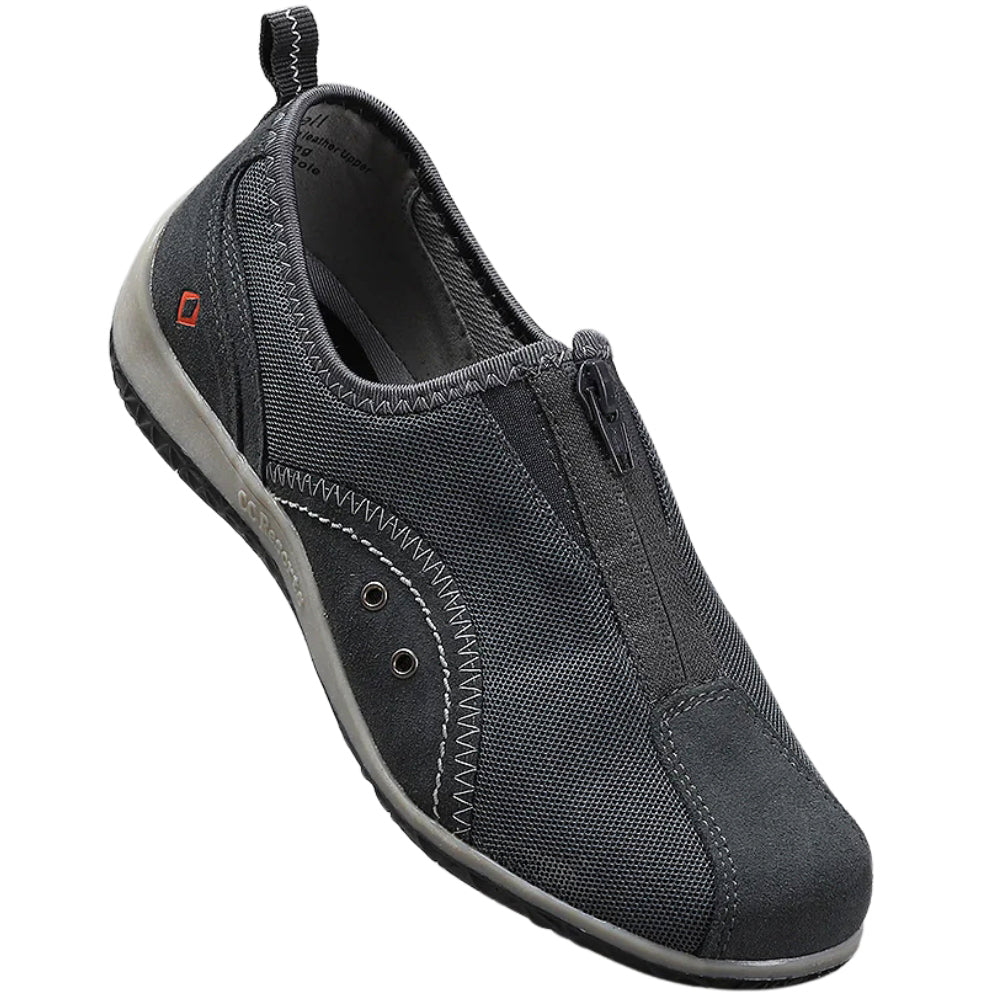 Charcoal slip-on shoe with light grey sole on a white background