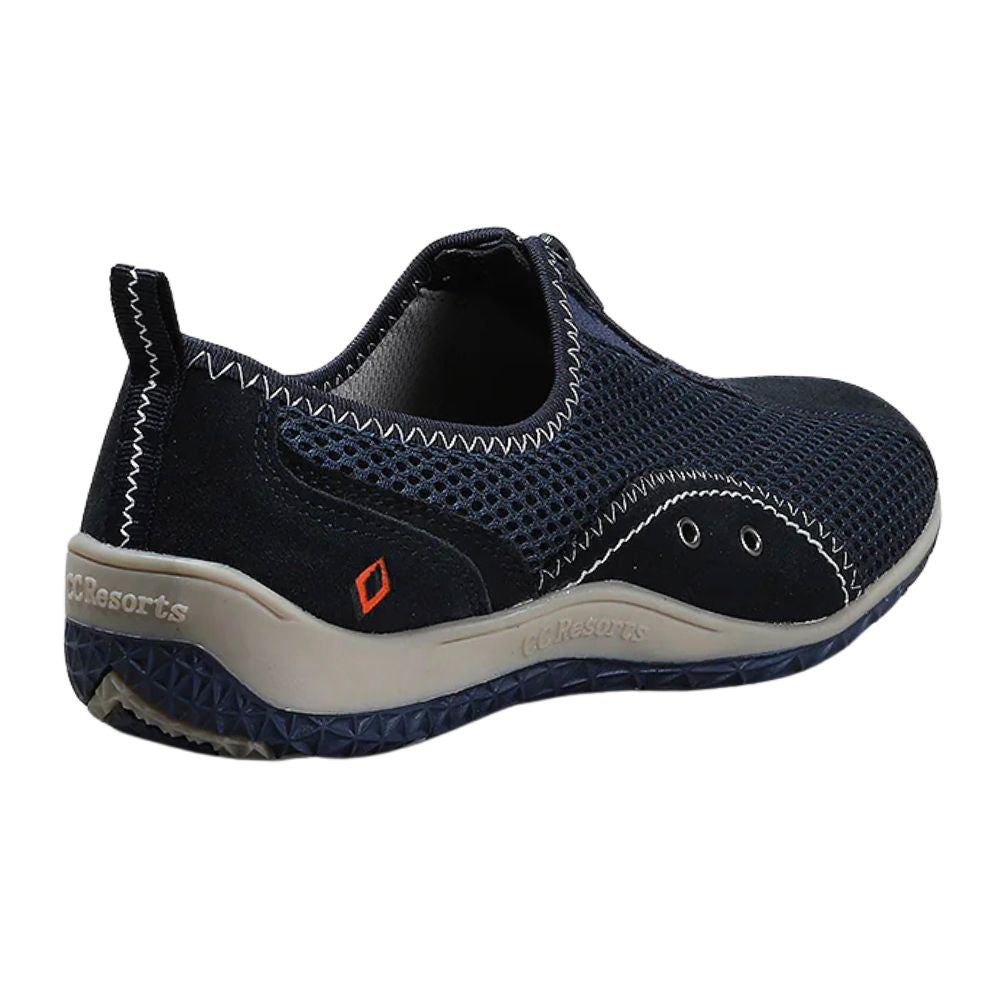 Navy blue slip-on shoe with grey sole on a white background