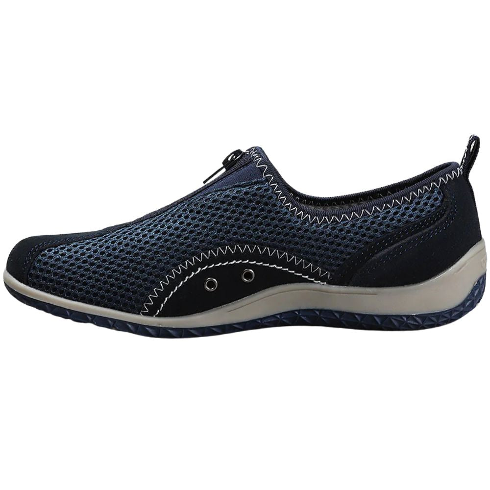 Navy blue slip-on shoe with grey sole on a white background