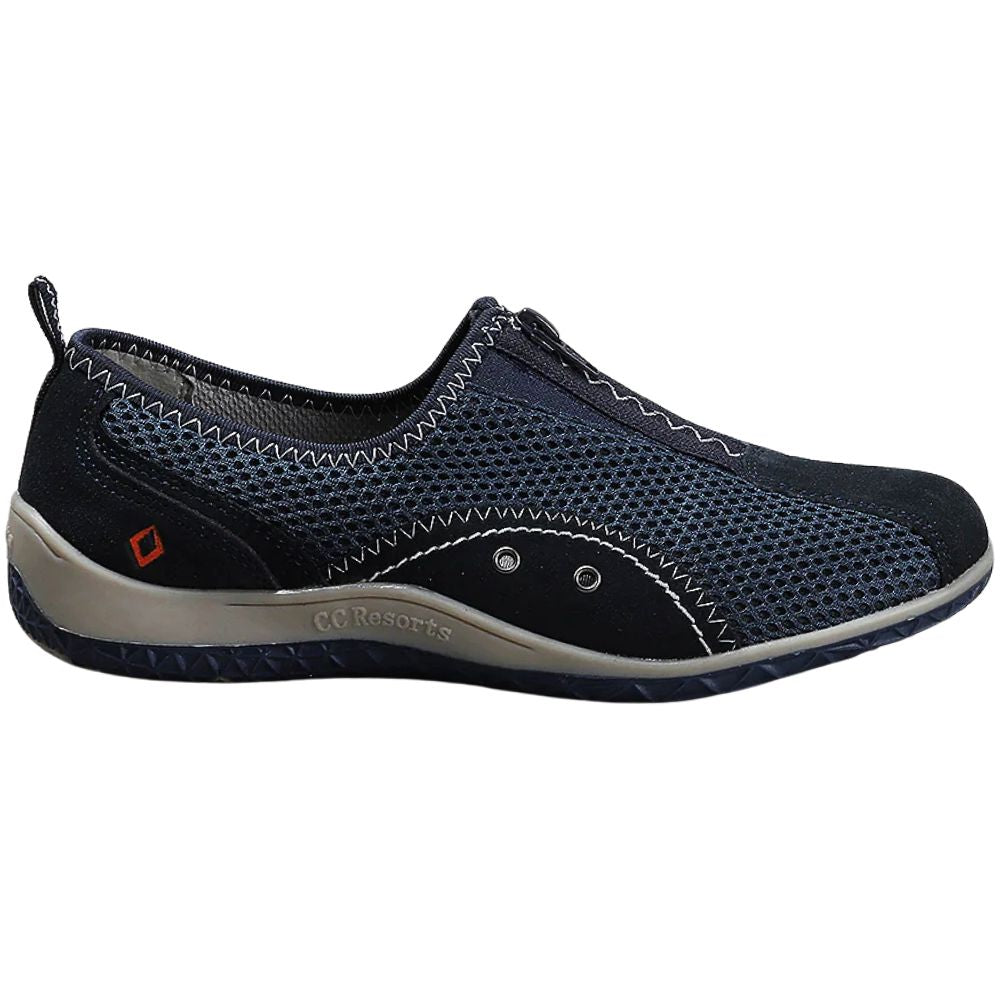 Navy blue casual shoe with grey sole on a white background