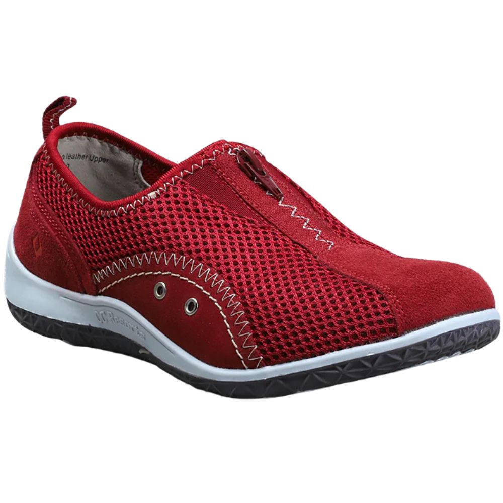 Red slip-on shoe with white sole on a white background