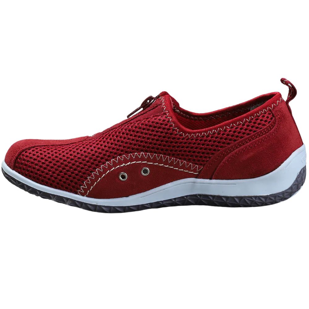 Red slip-on shoe with white sole on a white background