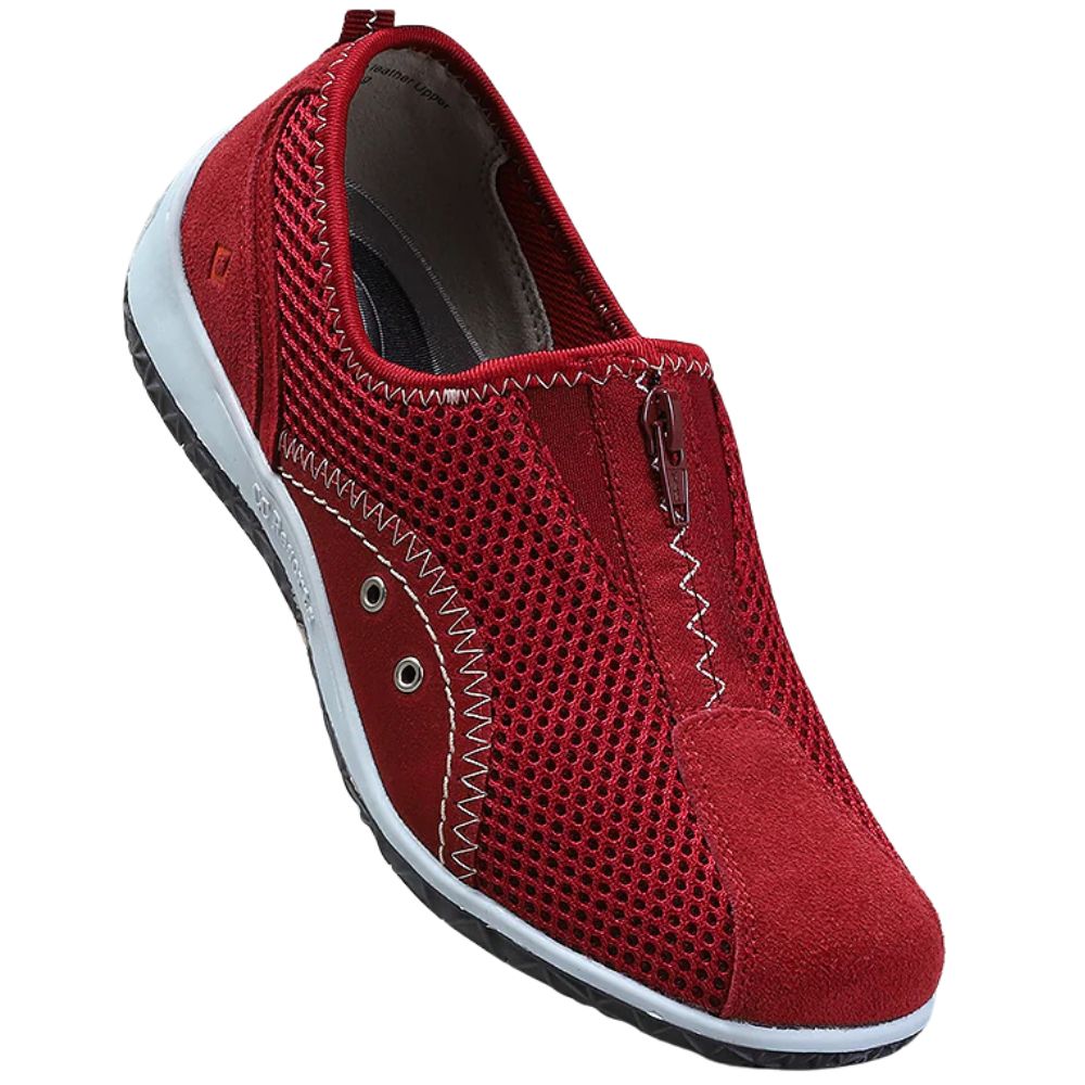 Red slip-on shoe with white sole on a white background