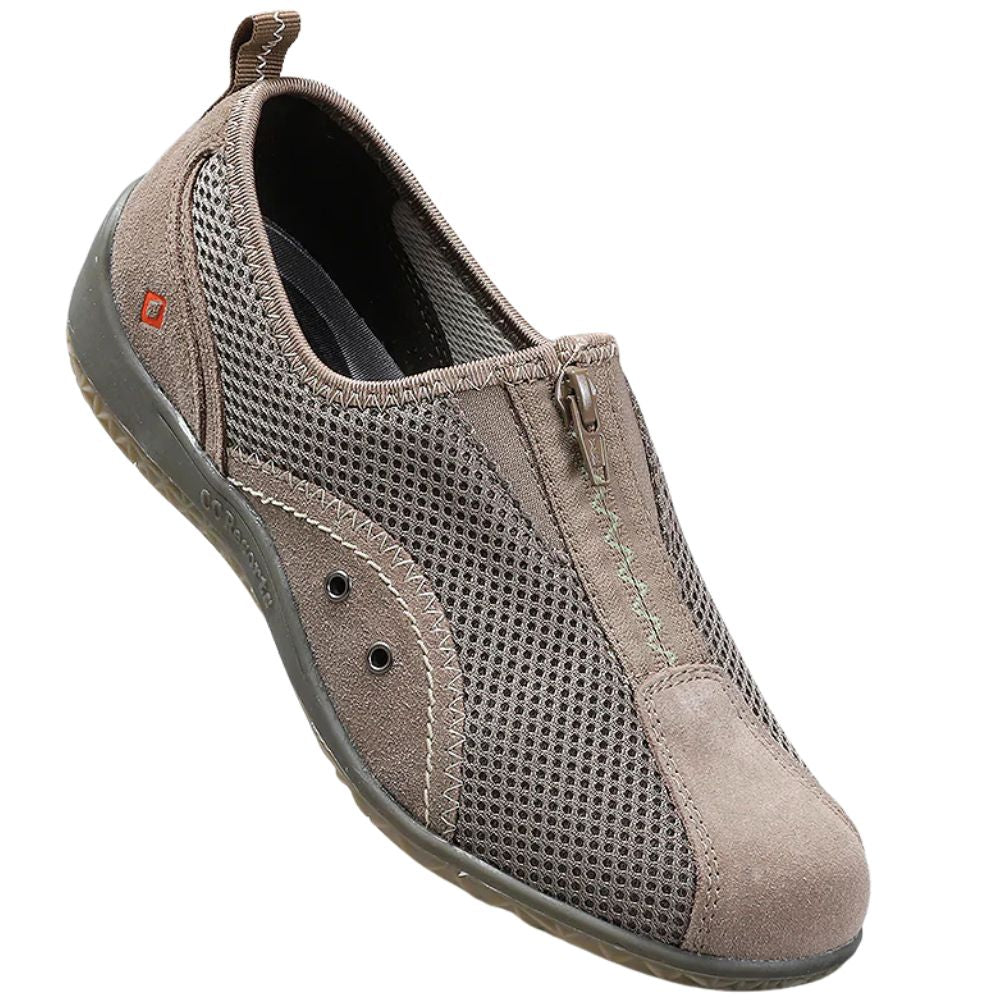 Brown slip-on shoe with mesh design on a white background