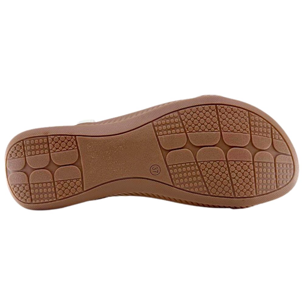 Brown rubber sandal sole with a tread pattern, against a white background.