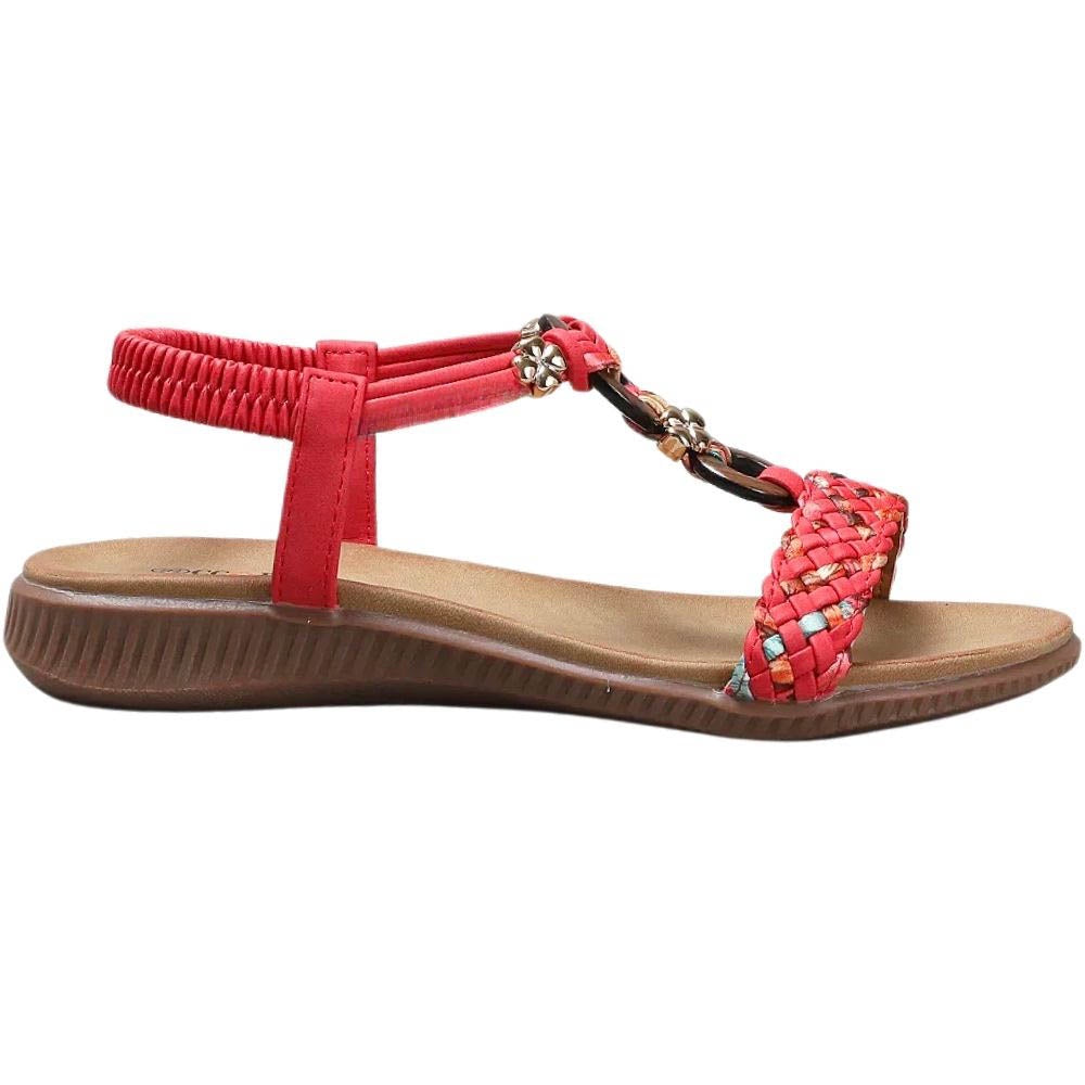 A red flat sandal with a braided T-strap, a matching braided front strap, and a brown wedge sole, shown from a side profile on a white background.