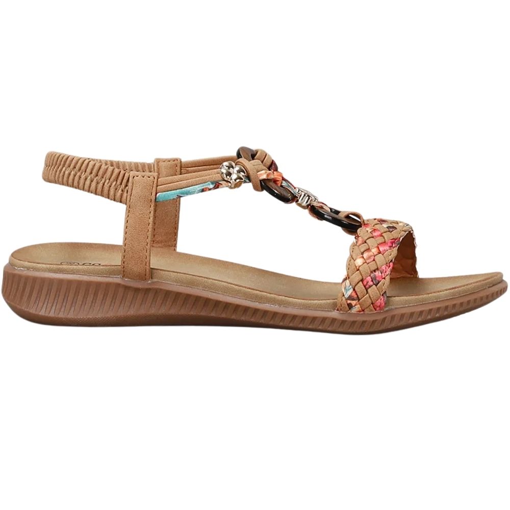 A women's wedge sandal in tan faux leather with a braided multicolor toe strap featuring pink, orange, and blue threads, and a decorative metal charm on the T-strap, shown against a plain white background.