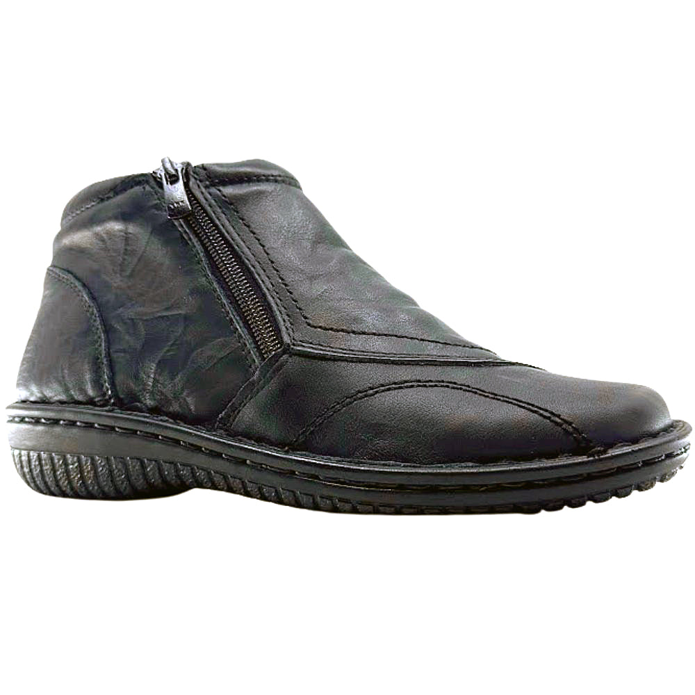 Black leather ankle boot with zipper on a white background