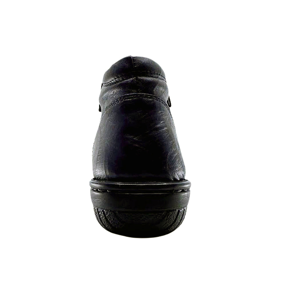 Back of black leather ankle boot on a white background