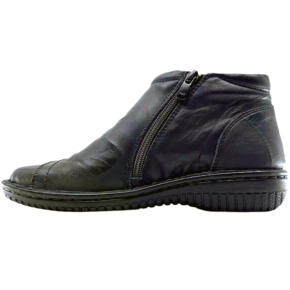 Black leather ankle boot with a zipper on a white background