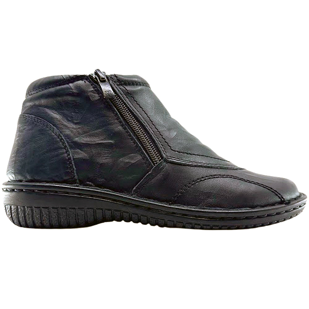 Black leather ankle boot with a zipper on a white background