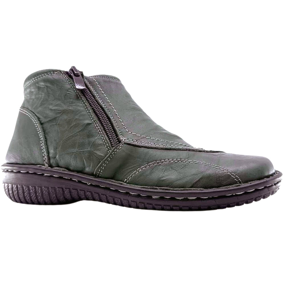 Khaki leather ankle boot with a zipper on a white background