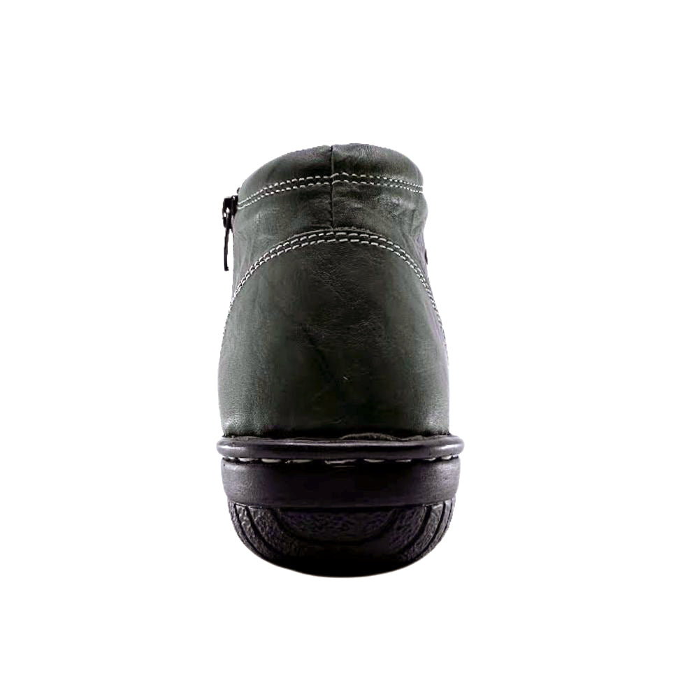 Khaki leather ankle boot with a brown sole on a white background