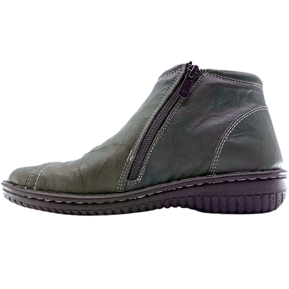 Khaki leather ankle boot with a zipper on a white background