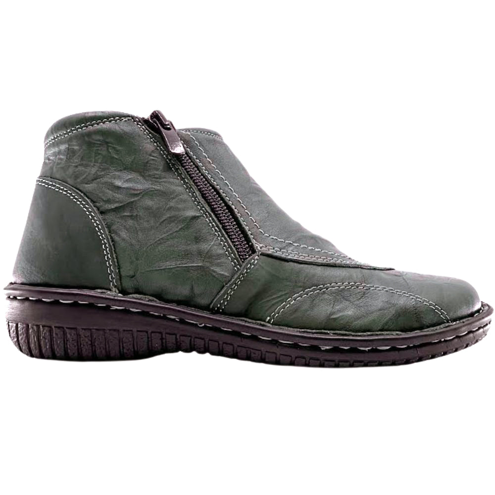 Khaki leather ankle boot with a zipper on a white background